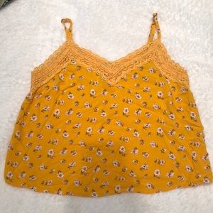 Yellow Floral Cotton Spaghettini Strap Tank Top